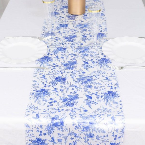 Satin & Taffeta Runners |  12″x108″ White Blue Satin Table Runner in French Toile Floral Pattern