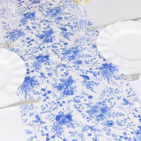 Satin & Taffeta Runners |  12″x108″ White Blue Satin Table Runner in French Toile Floral Pattern