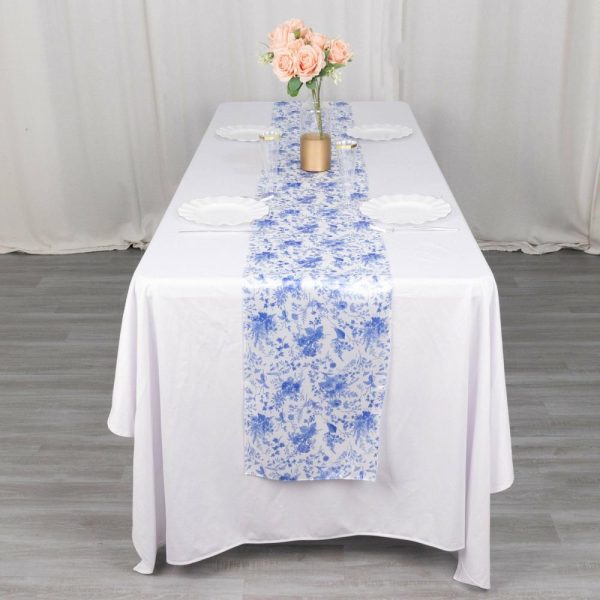 Satin & Taffeta Runners |  12″x108″ White Blue Satin Table Runner in French Toile Floral Pattern