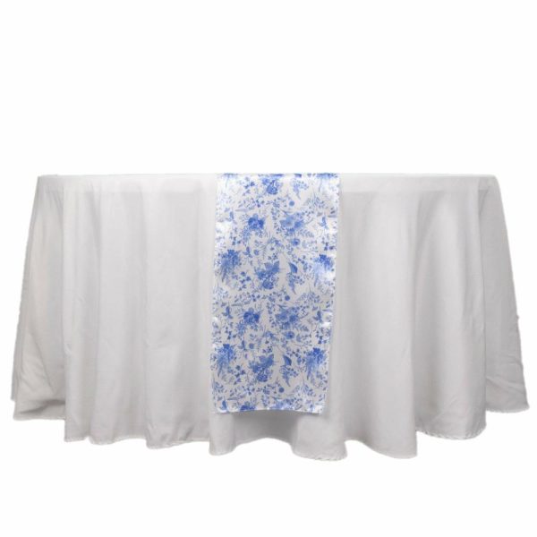 Satin & Taffeta Runners |  12″x108″ White Blue Satin Table Runner in French Toile Floral Pattern