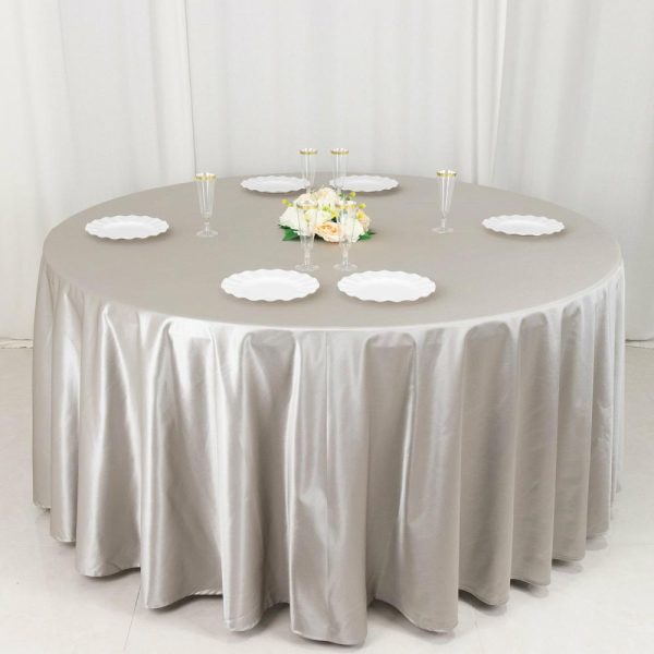 Scuba |  120″ Shimmer Silver Premium Scuba Round Tablecloth, Wrinkle Free Seamless Polyester Tablecloth for 5 Foot Table With Floor-Length Drop