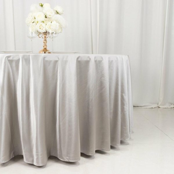 Scuba |  120″ Shimmer Silver Premium Scuba Round Tablecloth, Wrinkle Free Seamless Polyester Tablecloth for 5 Foot Table With Floor-Length Drop