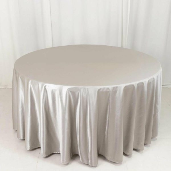 Scuba |  120″ Shimmer Silver Premium Scuba Round Tablecloth, Wrinkle Free Seamless Polyester Tablecloth for 5 Foot Table With Floor-Length Drop