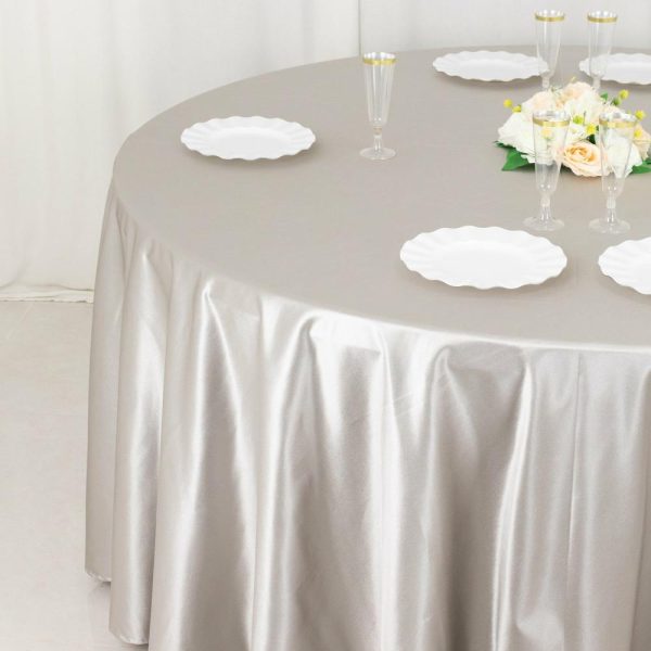 Scuba |  120″ Shimmer Silver Premium Scuba Round Tablecloth, Wrinkle Free Seamless Polyester Tablecloth for 5 Foot Table With Floor-Length Drop