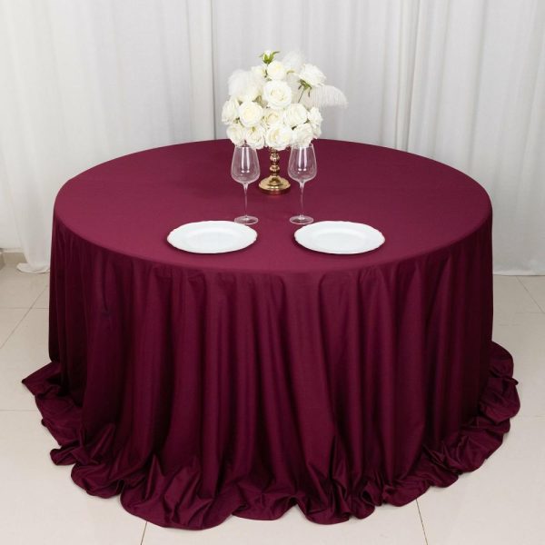 Scuba |  132″ Burgundy Premium Scuba Wrinkle Free Round Tablecloth, Seamless Scuba Polyester Tablecloth for 6 Foot Table With Floor-Length Drop