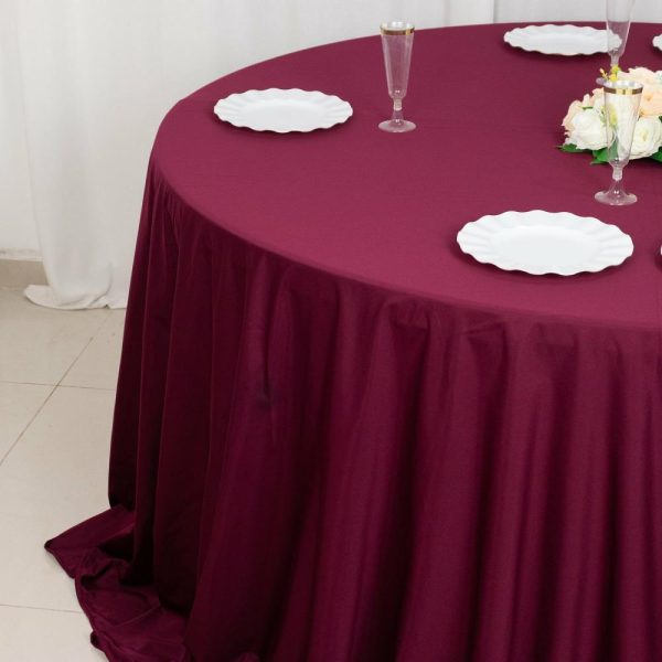 Scuba |  132″ Burgundy Premium Scuba Wrinkle Free Round Tablecloth, Seamless Scuba Polyester Tablecloth for 6 Foot Table With Floor-Length Drop