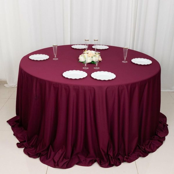 Scuba |  132″ Burgundy Premium Scuba Wrinkle Free Round Tablecloth, Seamless Scuba Polyester Tablecloth for 6 Foot Table With Floor-Length Drop