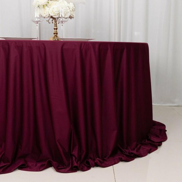 Scuba |  132″ Burgundy Premium Scuba Wrinkle Free Round Tablecloth, Seamless Scuba Polyester Tablecloth for 6 Foot Table With Floor-Length Drop