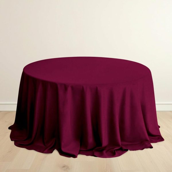 Scuba |  132″ Burgundy Premium Scuba Wrinkle Free Round Tablecloth, Seamless Scuba Polyester Tablecloth for 6 Foot Table With Floor-Length Drop