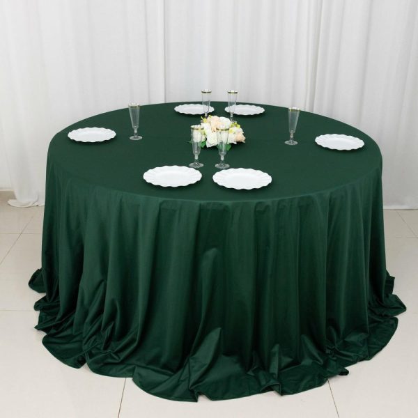 Scuba |  132″ Hunter Emerald Green Premium Scuba Wrinkle Free Round Tablecloth, Seamless Scuba Polyester Tablecloth for 6 Foot Table With Floor-Length Drop