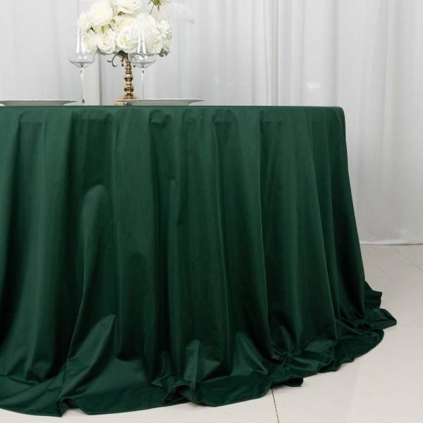 Scuba |  132″ Hunter Emerald Green Premium Scuba Wrinkle Free Round Tablecloth, Seamless Scuba Polyester Tablecloth for 6 Foot Table With Floor-Length Drop