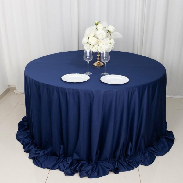 Scuba |  132″ Navy Blue Premium Scuba Wrinkle Free Round Tablecloth, Seamless Scuba Polyester Tablecloth for 6 Foot Table With Floor-Length Drop