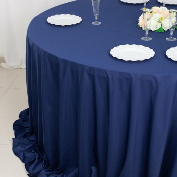 Scuba |  132″ Navy Blue Premium Scuba Wrinkle Free Round Tablecloth, Seamless Scuba Polyester Tablecloth for 6 Foot Table With Floor-Length Drop