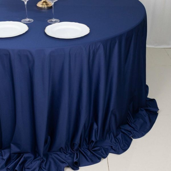 Scuba |  132″ Navy Blue Premium Scuba Wrinkle Free Round Tablecloth, Seamless Scuba Polyester Tablecloth for 6 Foot Table With Floor-Length Drop