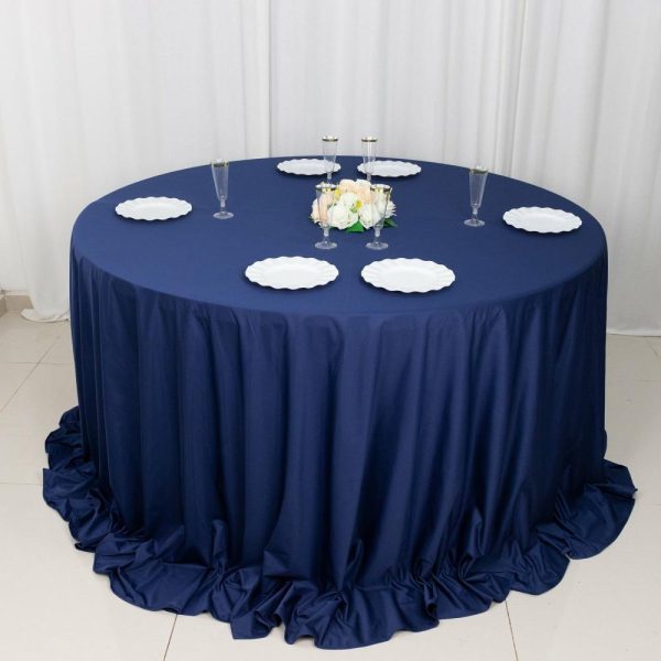 Scuba |  132″ Navy Blue Premium Scuba Wrinkle Free Round Tablecloth, Seamless Scuba Polyester Tablecloth for 6 Foot Table With Floor-Length Drop