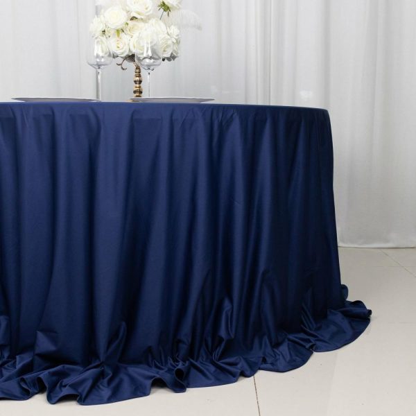 Scuba |  132″ Navy Blue Premium Scuba Wrinkle Free Round Tablecloth, Seamless Scuba Polyester Tablecloth for 6 Foot Table With Floor-Length Drop