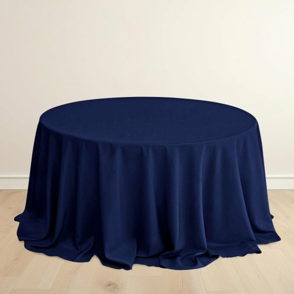 Scuba |  132″ Navy Blue Premium Scuba Wrinkle Free Round Tablecloth, Seamless Scuba Polyester Tablecloth for 6 Foot Table With Floor-Length Drop