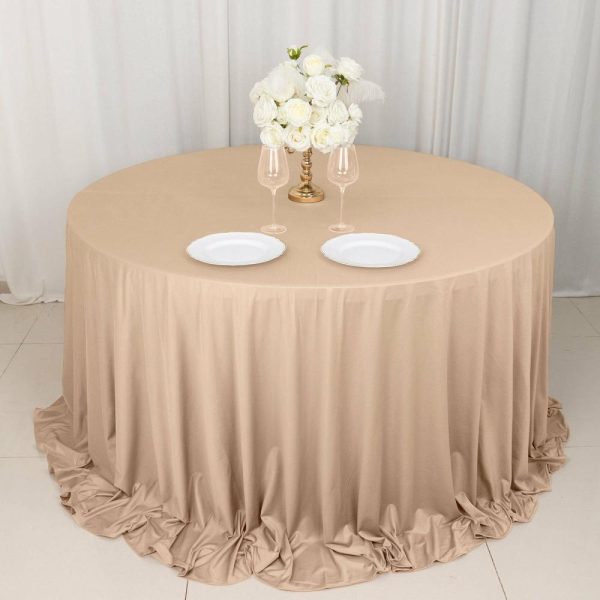 Scuba |  132″ Nude Premium Scuba Wrinkle Free Round Tablecloth, Seamless Scuba Polyester Tablecloth for 6 Foot Table With Floor-Length Drop