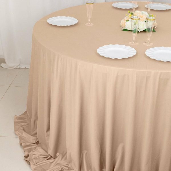 Scuba |  132″ Nude Premium Scuba Wrinkle Free Round Tablecloth, Seamless Scuba Polyester Tablecloth for 6 Foot Table With Floor-Length Drop