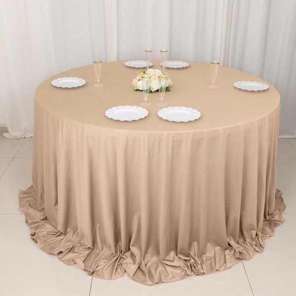 Scuba |  132″ Nude Premium Scuba Wrinkle Free Round Tablecloth, Seamless Scuba Polyester Tablecloth for 6 Foot Table With Floor-Length Drop