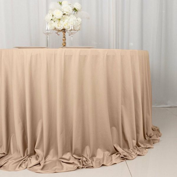 Scuba |  132″ Nude Premium Scuba Wrinkle Free Round Tablecloth, Seamless Scuba Polyester Tablecloth for 6 Foot Table With Floor-Length Drop