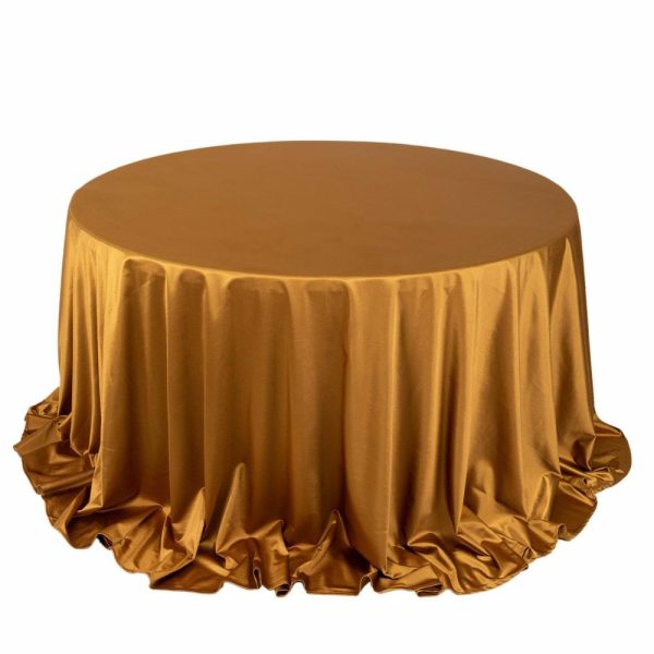 Scuba |  132″ Shimmer Gold Premium Scuba Round Tablecloth, Wrinkle Free Seamless Polyester Tablecloth for 6 Foot Table With Floor-Length Drop