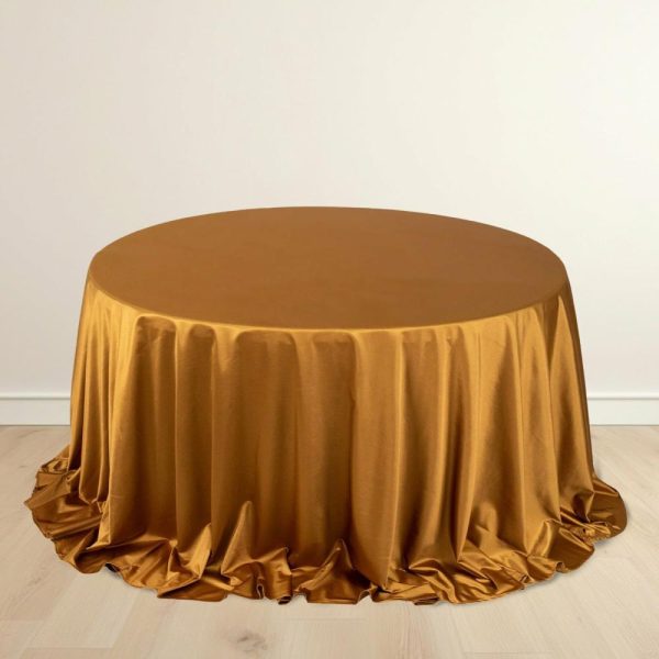 Scuba |  132″ Shimmer Gold Premium Scuba Round Tablecloth, Wrinkle Free Seamless Polyester Tablecloth for 6 Foot Table With Floor-Length Drop