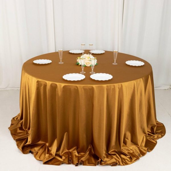 Scuba |  132″ Shimmer Gold Premium Scuba Round Tablecloth, Wrinkle Free Seamless Polyester Tablecloth for 6 Foot Table With Floor-Length Drop