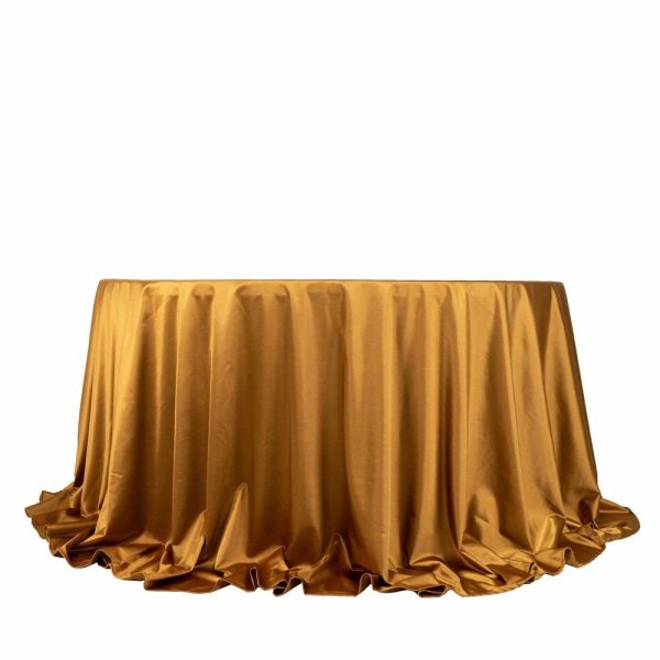 Scuba |  132″ Shimmer Gold Premium Scuba Round Tablecloth, Wrinkle Free Seamless Polyester Tablecloth for 6 Foot Table With Floor-Length Drop