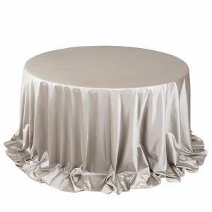 Scuba |  132″ Shimmer Silver Premium Scuba Round Tablecloth, Wrinkle Free Seamless Polyester Tablecloth for 6 Foot Table With Floor-Length Drop