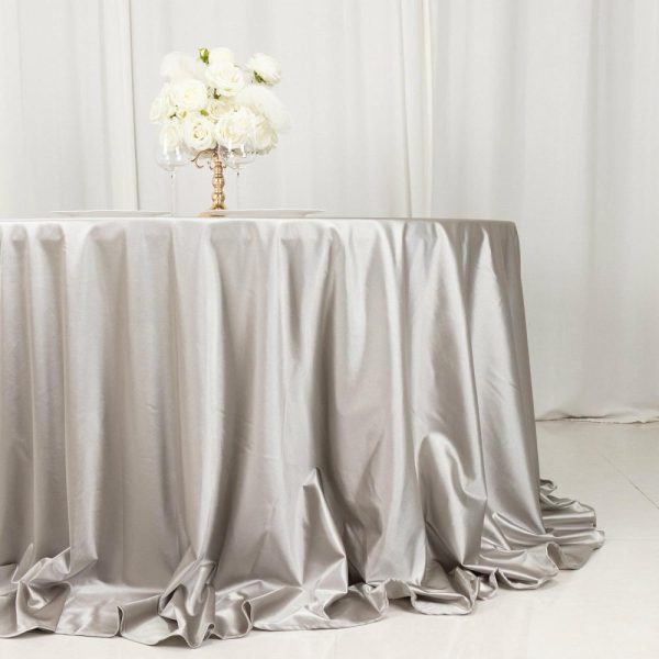 Scuba |  132″ Shimmer Silver Premium Scuba Round Tablecloth, Wrinkle Free Seamless Polyester Tablecloth for 6 Foot Table With Floor-Length Drop