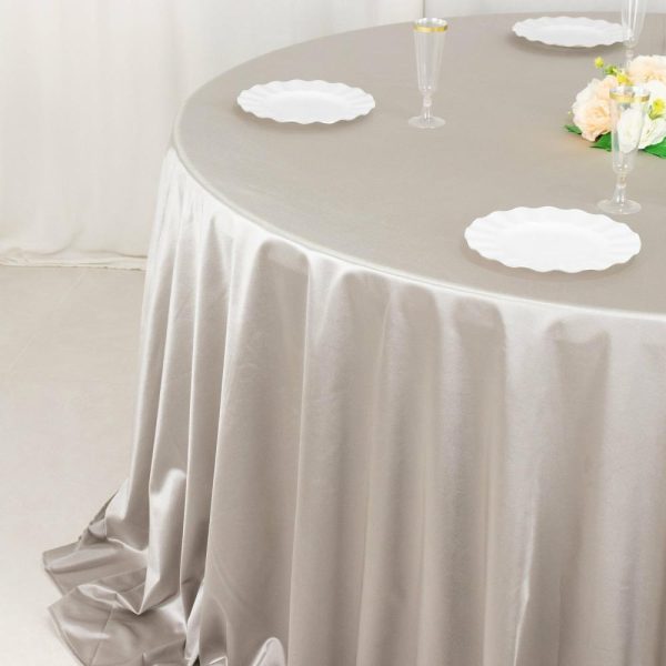 Scuba |  132″ Shimmer Silver Premium Scuba Round Tablecloth, Wrinkle Free Seamless Polyester Tablecloth for 6 Foot Table With Floor-Length Drop