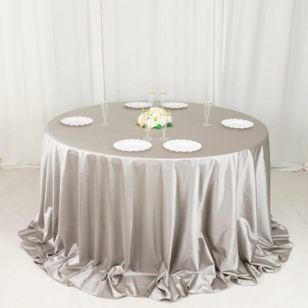 Scuba |  132″ Shimmer Silver Premium Scuba Round Tablecloth, Wrinkle Free Seamless Polyester Tablecloth for 6 Foot Table With Floor-Length Drop