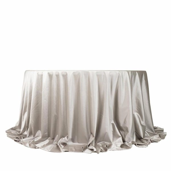 Scuba |  132″ Shimmer Silver Premium Scuba Round Tablecloth, Wrinkle Free Seamless Polyester Tablecloth for 6 Foot Table With Floor-Length Drop