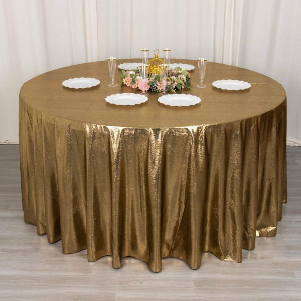 Sequin & Shimmer |  120″ Antique Gold Shimmer Sequin Dots Polyester Tablecloth, Wrinkle Free Sparkle Glitter Table Cover for 5 Foot Table With Floor-Length Drop