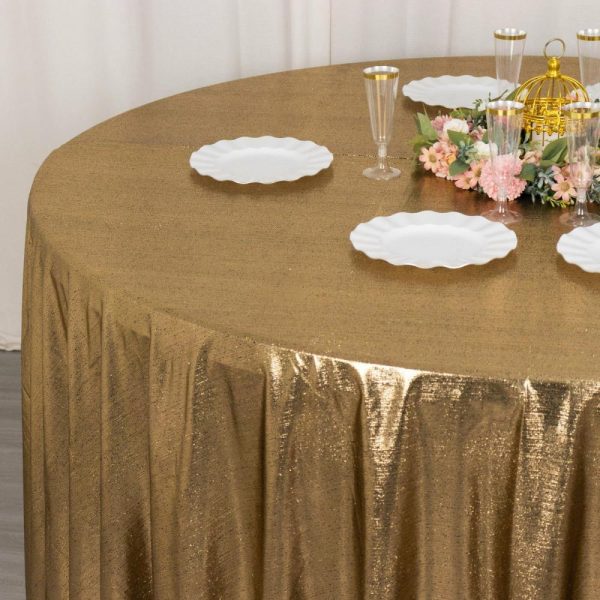 Sequin & Shimmer |  120″ Antique Gold Shimmer Sequin Dots Polyester Tablecloth, Wrinkle Free Sparkle Glitter Table Cover for 5 Foot Table With Floor-Length Drop