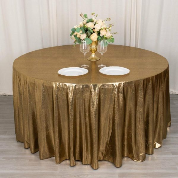 Sequin & Shimmer |  120″ Antique Gold Shimmer Sequin Dots Polyester Tablecloth, Wrinkle Free Sparkle Glitter Table Cover for 5 Foot Table With Floor-Length Drop