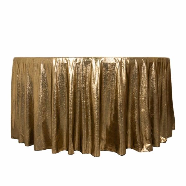 Sequin & Shimmer |  120″ Antique Gold Shimmer Sequin Dots Polyester Tablecloth, Wrinkle Free Sparkle Glitter Table Cover for 5 Foot Table With Floor-Length Drop