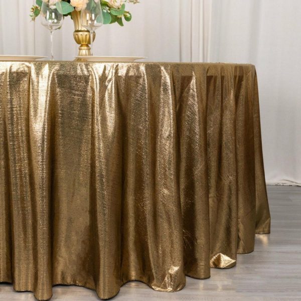 Sequin & Shimmer |  120″ Antique Gold Shimmer Sequin Dots Polyester Tablecloth, Wrinkle Free Sparkle Glitter Table Cover for 5 Foot Table With Floor-Length Drop