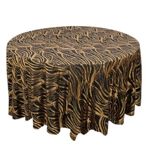 Sequin & Shimmer |  120″ Black Gold Wave Mesh Round Tablecloth With Embroidered Sequins for 5 Foot Table With Floor-Length Drop