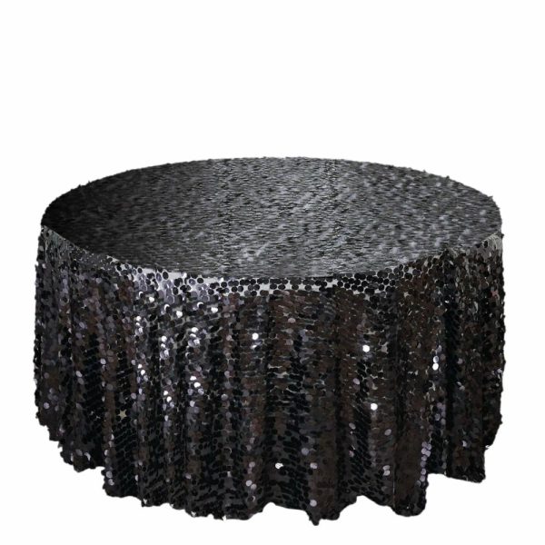 Sequin & Shimmer |  120″ Black Seamless Big Payette Sequin Round Tablecloth Premium Collection for 5 Foot Table With Floor-Length Drop