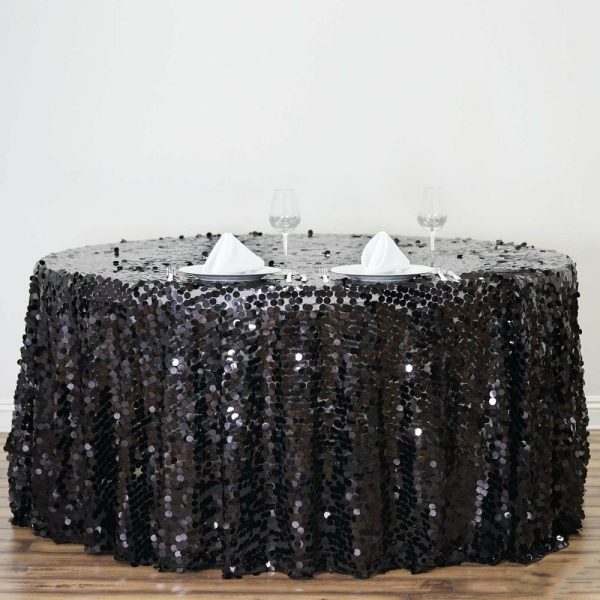 Sequin & Shimmer |  120″ Black Seamless Big Payette Sequin Round Tablecloth Premium Collection for 5 Foot Table With Floor-Length Drop