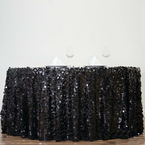 Sequin & Shimmer |  120″ Black Seamless Big Payette Sequin Round Tablecloth Premium Collection for 5 Foot Table With Floor-Length Drop