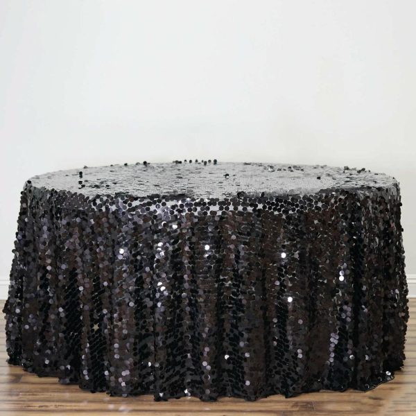 Sequin & Shimmer |  120″ Black Seamless Big Payette Sequin Round Tablecloth Premium Collection for 5 Foot Table With Floor-Length Drop