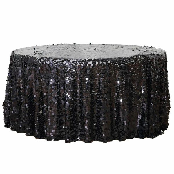 Sequin & Shimmer |  120″ Black Seamless Big Payette Sequin Round Tablecloth Premium Collection for 5 Foot Table With Floor-Length Drop