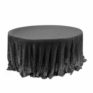 Sequin & Shimmer |  120″ Black Seamless Premium Sequin Round Tablecloth for 5 Foot Table With Floor-Length Drop