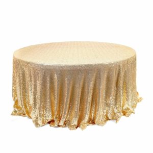 Sequin & Shimmer |  120″ Champagne Seamless Premium Sequin Round Tablecloth for 5 Foot Table With Floor-Length Drop