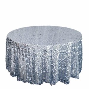 Sequin & Shimmer |  120″ Dusty Blue Seamless Big Payette Sequin Round Tablecloth Premium Collection for 5 Foot Table With Floor-Length Drop