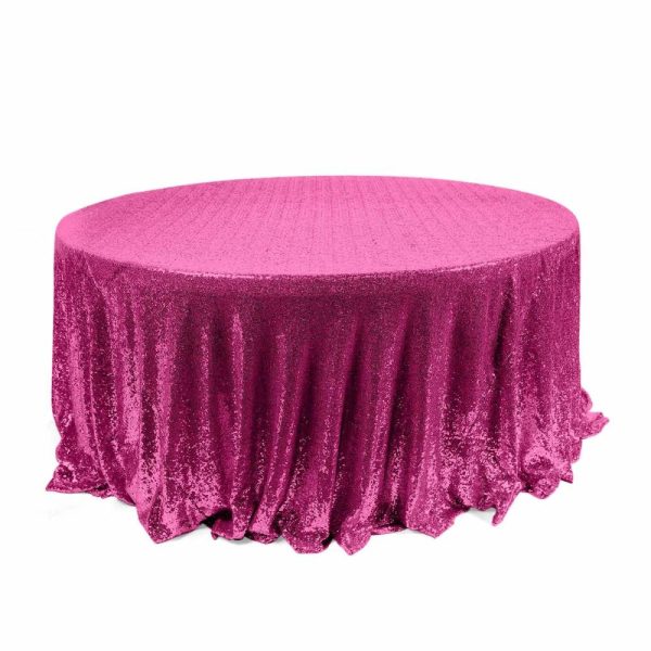 Sequin & Shimmer |  120″ Fuchsia Seamless Premium Sequin Round Tablecloth for 5 Foot Table With Floor-Length Drop