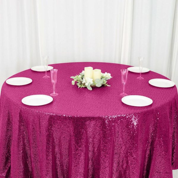 Sequin & Shimmer |  120″ Fuchsia Seamless Premium Sequin Round Tablecloth for 5 Foot Table With Floor-Length Drop